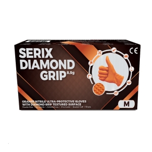 Manusi de Nitril, pentru Mecanici, Textura Diamond Grip, Grosime 3X (8.5 gr), Nepudrate, Portocalii, M, Serix, 50  buc/set, 10 set/BAX