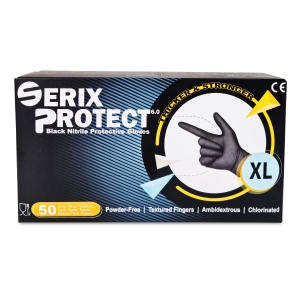 Manusi Examinare Nitril Negre, Grosime 2X (6.5 gr), Nepudrate, Negre, XL, Serix Protect KF, 50  buc/set, 10 set/BAX