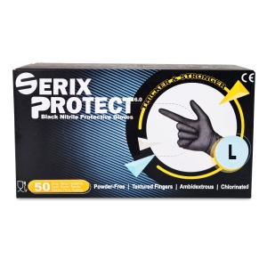 Manusi Examinare Nitril Negre, Grosime 2X (6.5 gr), Nepudrate, Negre, L, Serix Protect KF, 50  buc/set, 10 set/BAX