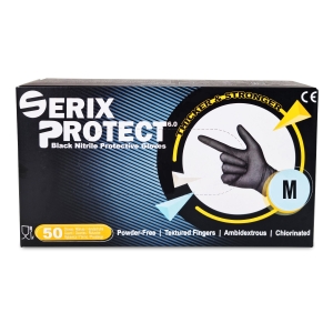 Manusi Examinare Nitril Negre, Grosime 2X (6.5 gr), Nepudrate, Negre, M, Serix Protect KF, 50  buc/set, 10 set/BAX