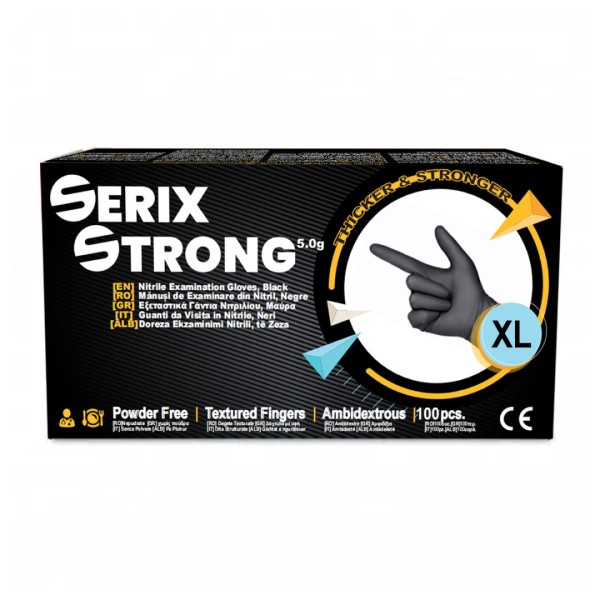 Manusi de Nitril, Grosime 1.5X (5 gr), Nepudrate, Negre, XL, Serix Strong, 100 buc/set, 10 set/BAX