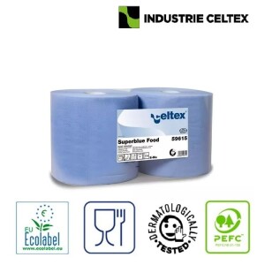Rola hartie industriala Celtex Superblue 59615, 3 straturi, super rezistenta si absorbanta, albastra, 150ml, 500 portii/rola, 26,5x30cm, 2 role/set, certificata pentru industria alimentara, Ecolabel