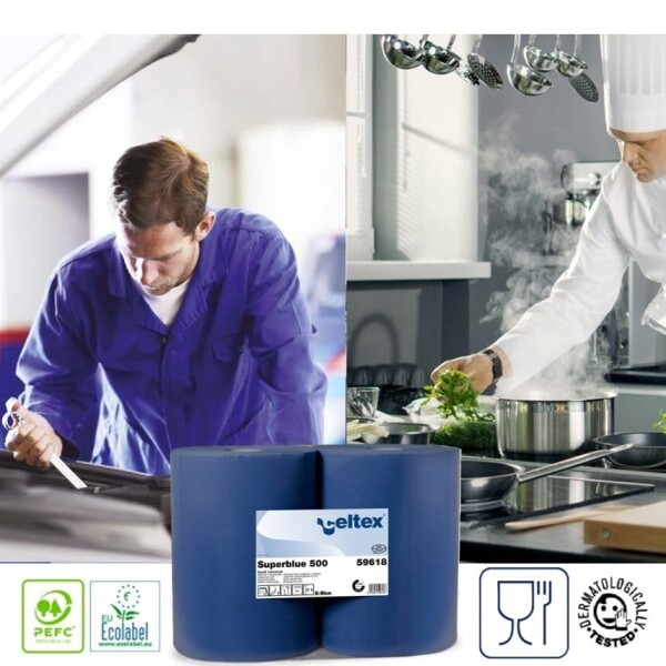 Rola hartie industriala Celtex Superblue 59618, 3 straturi, dim. laveta 36 x 36 cm, 180 metri, 500 lavete/rola, 2 role/bax, pentru uz industrial si spalatorii auto.