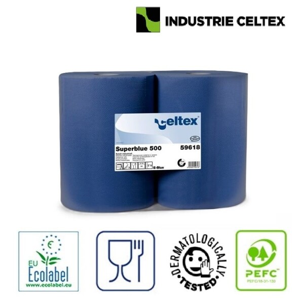 Rola hartie industriala Celtex Superblue 59618, 3 straturi, dim. laveta 36 x 36 cm, 180 metri, 500 lavete/rola, 2 role/bax, pentru uz industrial si spalatorii auto.