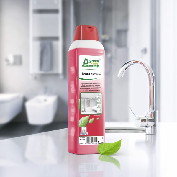 Detergent detartrant ecologic, concentrat, SANET EXTREME, pentru spatii sanitare, bai, toalete, 1L, certificat Ecolabel, CLP Free, Biodegradabil complet